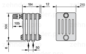 Схема (чертеж) Радиатор Zehnder Charleston 6030/4 №V007 Белый глянцевый RAL 9016